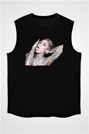 Miley Cyrus Baskılı Unisex Siyah Kolsuz Tişört - Tshirt