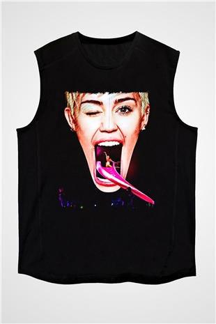 Miley Cyrus Baskılı Unisex Siyah Kolsuz Tişört - Tshirt
