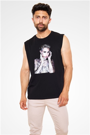 Miley Cyrus Baskılı Unisex Siyah Kolsuz Tişört - Tshirt