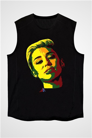 Miley Cyrus Baskılı Unisex Siyah Kolsuz Tişört - Tshirt
