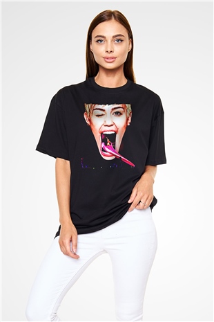 Miley Cyrus Baskılı Unisex Siyah Oversize Tişört - Tshirt