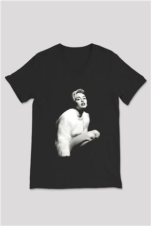 Miley Cyrus Baskılı Unisex Siyah V Yaka Tişört - Tshirt