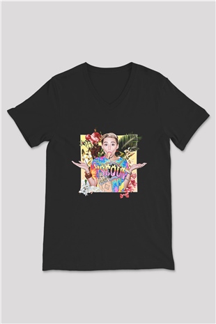 Miley Cyrus Baskılı Unisex Siyah V Yaka Tişört - Tshirt