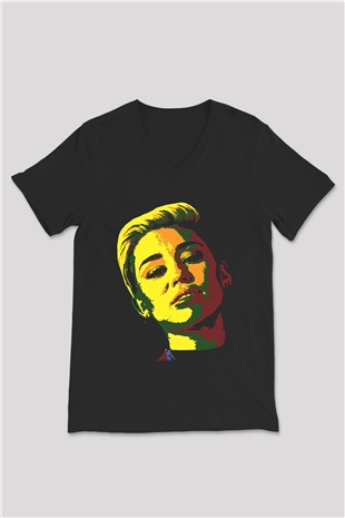 Miley Cyrus Baskılı Unisex Siyah V Yaka Tişört - Tshirt
