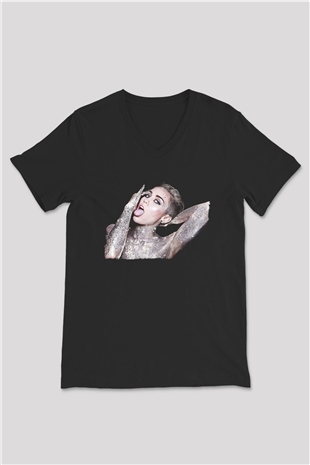 Miley Cyrus Baskılı Unisex Siyah V Yaka Tişört - Tshirt