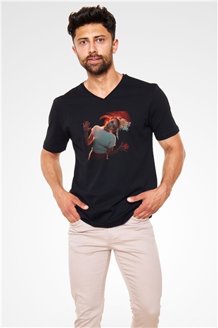 Miley Cyrus Baskılı Unisex Siyah V Yaka Tişört - Tshirt
