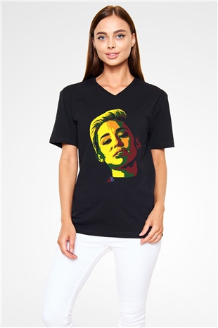 Miley Cyrus Baskılı Unisex Siyah V Yaka Tişört - Tshirt