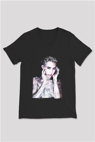 Miley Cyrus Baskılı Unisex Siyah V Yaka Tişört - Tshirt