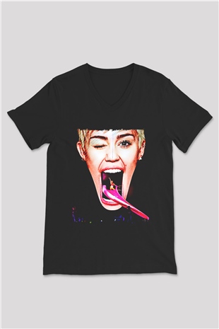 Miley Cyrus Baskılı Unisex Siyah V Yaka Tişört - Tshirt