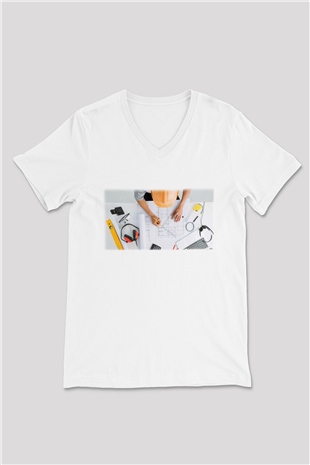 Mimar Beyaz Unisex V Yaka Tişört T-Shirt