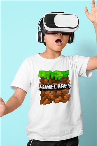 Minecraft Baskılı Beyaz Unisex Çocuk Tişört