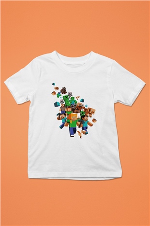 Minecraft Baskılı Beyaz Unisex Çocuk Tişört