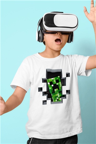 Minecraft Baskılı Beyaz Unisex Çocuk Tişört
