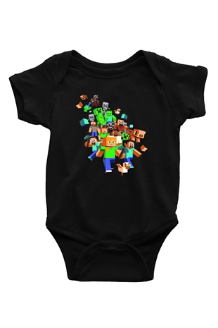 Minecraft Baskılı Siyah Bebek Body - Zıbın
