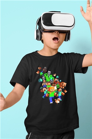 Minecraft Baskılı Siyah Unisex Çocuk Tişört