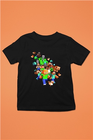 Minecraft Baskılı Siyah Unisex Çocuk Tişört