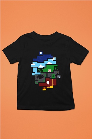 Minecraft Baskılı Siyah Unisex Çocuk Tişört