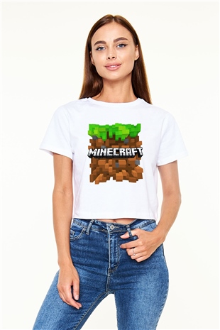 Minecraft Beyaz Croptop Tişört