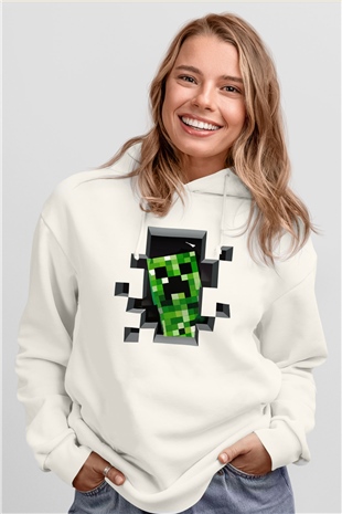 Minecraft Beyaz Unisex Kapşonlu Sweatshirt