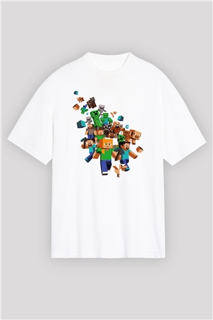 Minecraft Beyaz Unisex Oversize Tişört T-Shirt
