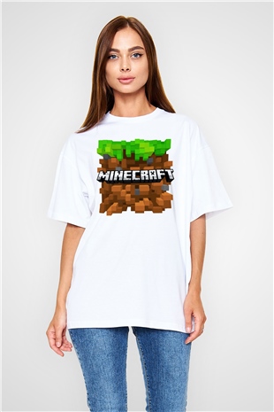 Minecraft Beyaz Unisex Oversize Tişört T-Shirt