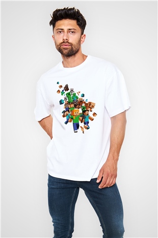 Minecraft Beyaz Unisex Oversize Tişört T-Shirt