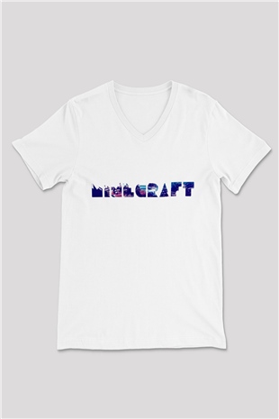 Minecraft Beyaz Unisex  V Yaka Tişört