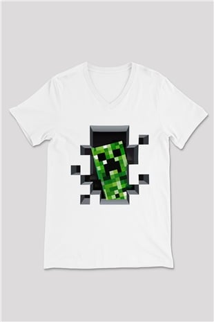 Minecraft Beyaz Unisex V Yaka Tişört