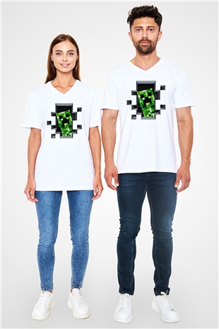 Minecraft Beyaz Unisex V Yaka Tişört