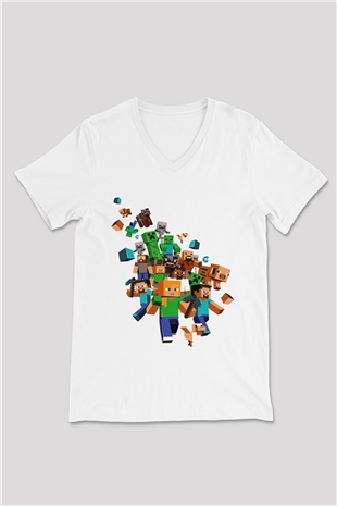 Minecraft Beyaz Unisex V Yaka Tişört T-Shirt