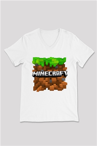 Minecraft Beyaz Unisex V Yaka Tişört T-Shirt