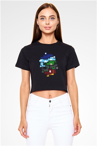 Minecraft Siyah Crop Top Tişört