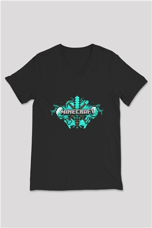 Minecraft Siyah Unisex V Yaka Tişört