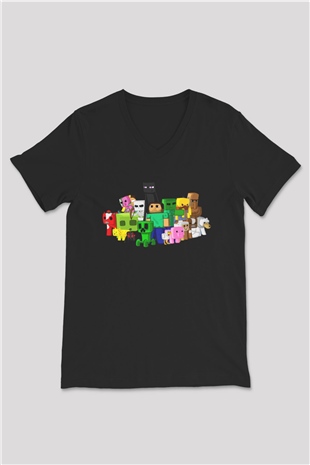 Minecraft Siyah Unisex V Yaka Tişört