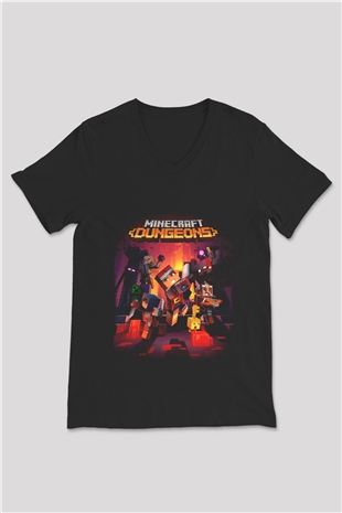 Minecraft Siyah Unisex  V Yaka Tişört