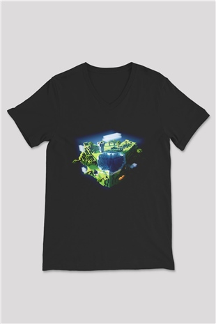 Minecraft Siyah Unisex V Yaka Tişört T-Shirt