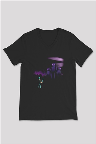 Minecraft Siyah Unisex V Yaka Tişört T-Shirt