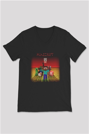Minecraft Siyah Unisex V Yaka Tişört T-Shirt