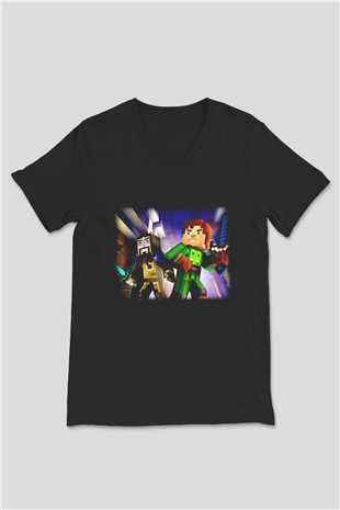 Minecraft Siyah Unisex V Yaka Tişört T-Shirt