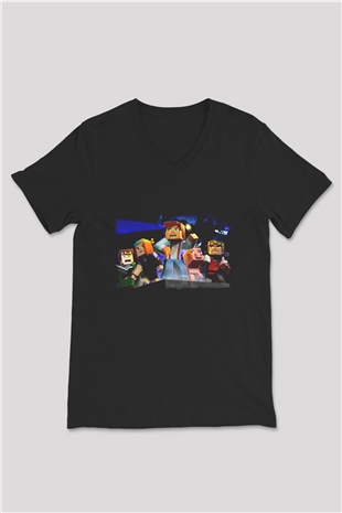 Minecraft Siyah Unisex V Yaka Tişört T-Shirt