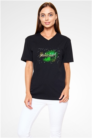 Minecraft Siyah Unisex V Yaka Tişört T-Shirt