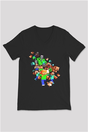 Minecraft Siyah Unisex V Yaka Tişört T-Shirt