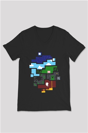 Minecraft Siyah Unisex V Yaka Tişört T-Shirt