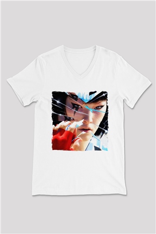 Mirrors Edge Beyaz Unisex V Yaka Tişört