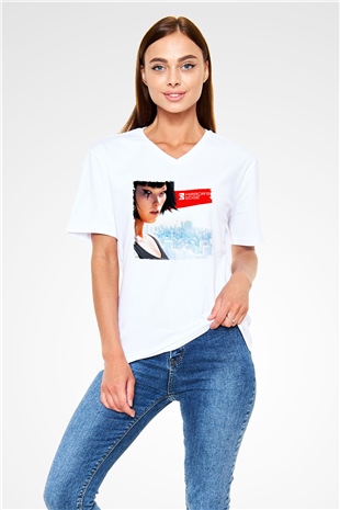 Mirrors Edge Beyaz Unisex V Yaka Tişört