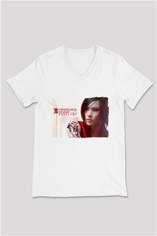 Mirrors Edge Beyaz Unisex V Yaka Tişört