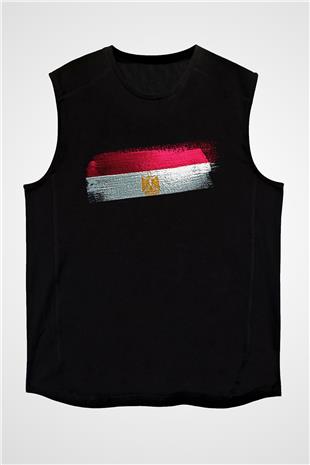 Mısır - Egypt Bayrağı Baskılı Unisex Siyah Kolsuz Tişört