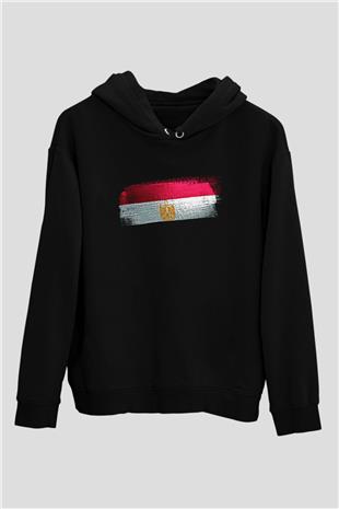 Mısır - Egypt Bayrağı Baskılı Unisex Siyah Kapüşonlu Sweatshirt