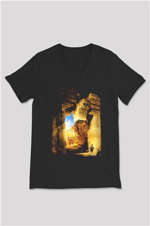 Mısır Harabeleri Siyah Unisex V Yaka Tişört T-Shirt