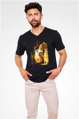 Mısır Harabeleri Siyah Unisex V Yaka Tişört T-Shirt